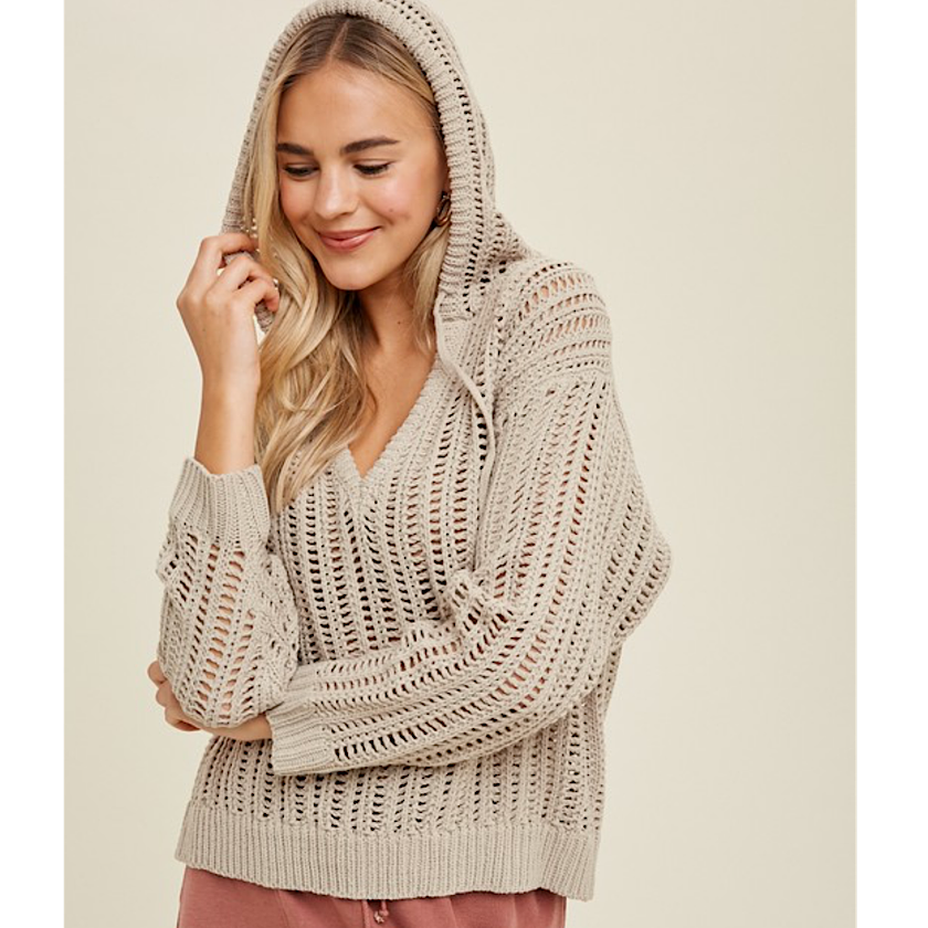 Stone Open Knit Hooded Sweater