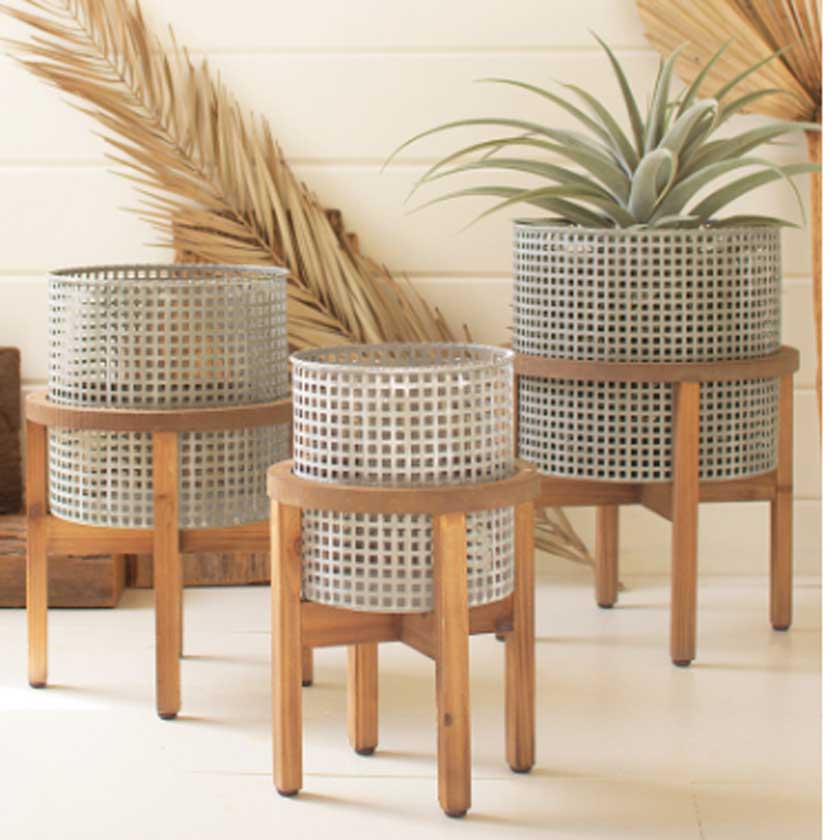 Small Woven Metal Planter with Wood Stand  | The Shops SD