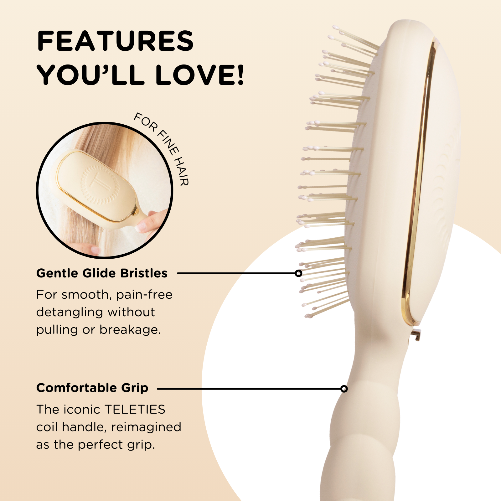 TELETIES - Detangler Hair Brush for Fine Hair - Tan
