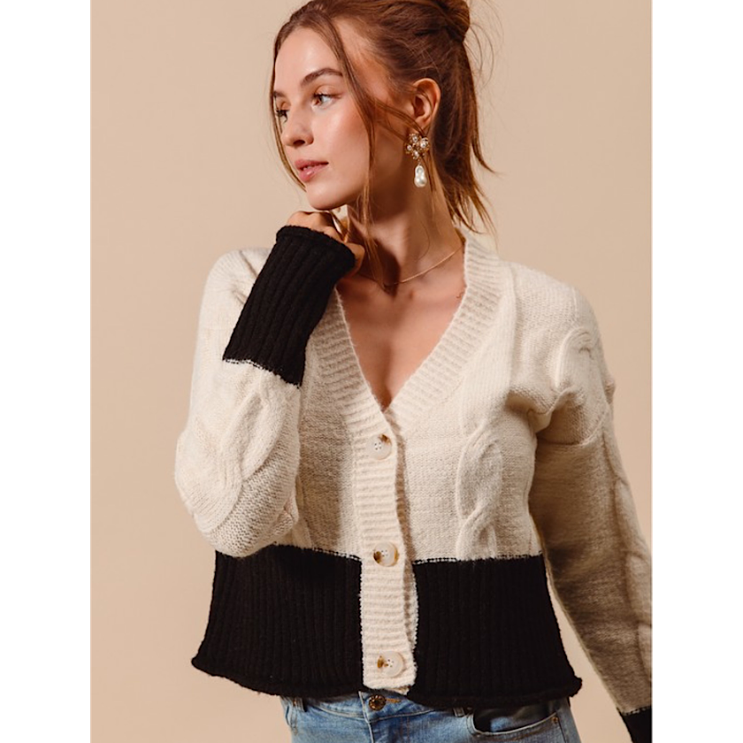 Oatmeal/Black Cable Knit Cardigan