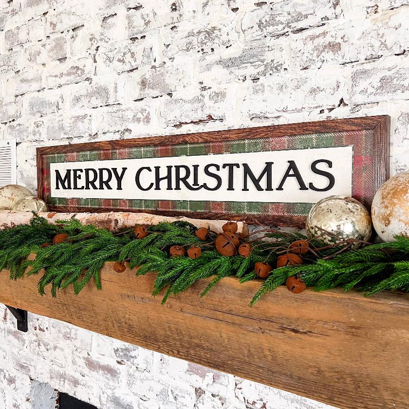 Merry Christmas Plaid Background Wood Sign