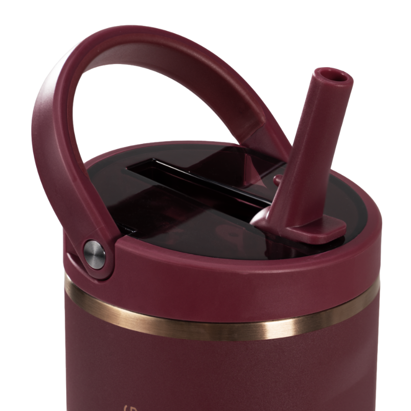 Maroon water bottle with straw lid on a white background