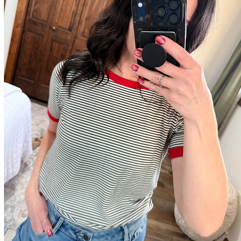 Red Trim Micro Stripe Top