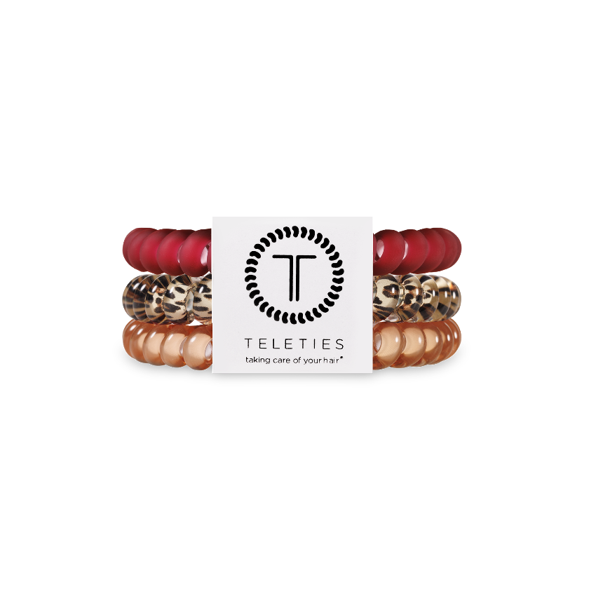 Set of hair ties with a 'Teleties' label on a white background