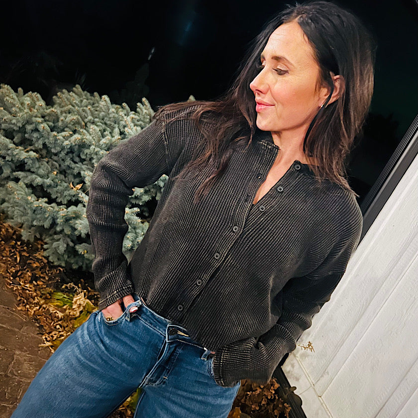 Black Waffle Buttoned Crop Top