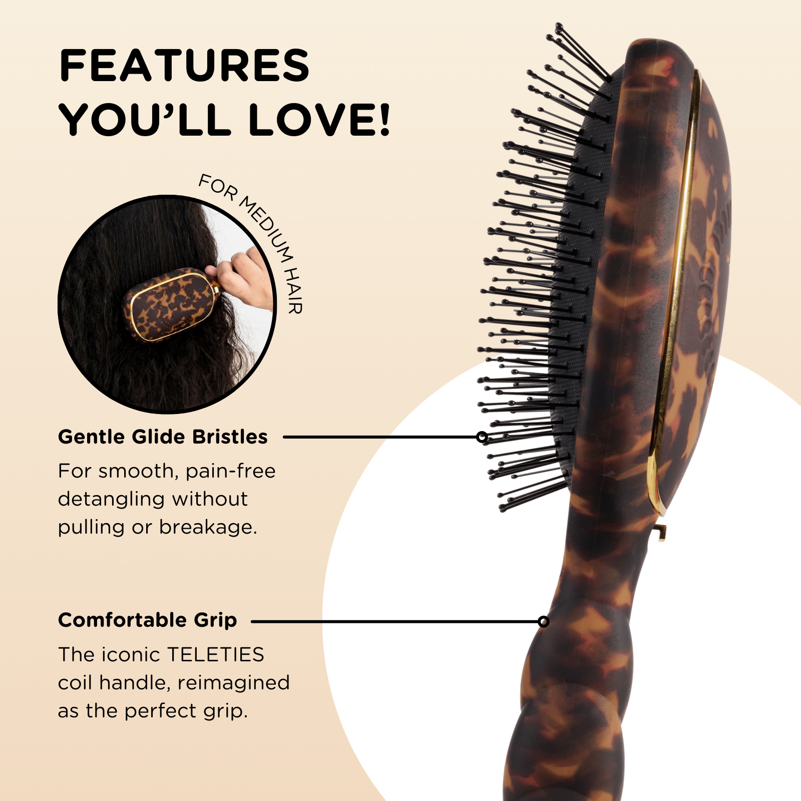 TELETIES - Detangler Hair Brush for Medium Hair - Tortoise