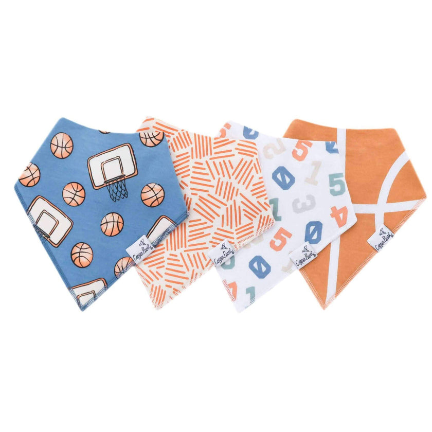 Set of four baby bibs with different patterns on a white background