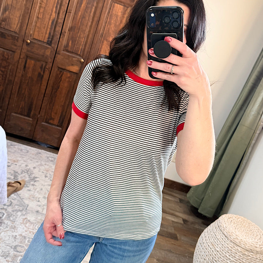 Red Trim Micro Stripe Top