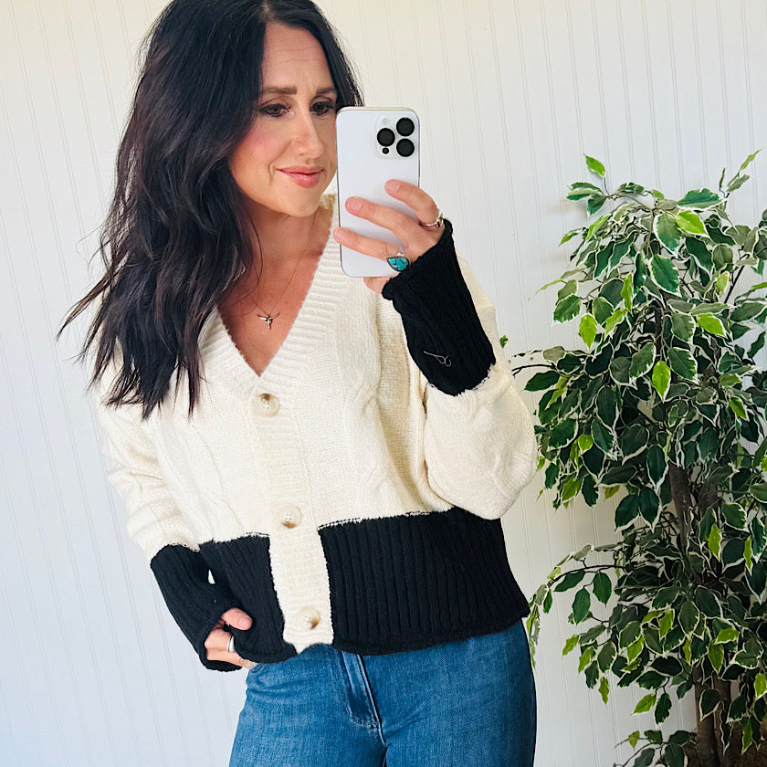 Oatmeal/Black Cable Knit Cardigan