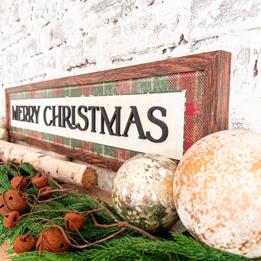 Merry Christmas Plaid Background Wood Sign