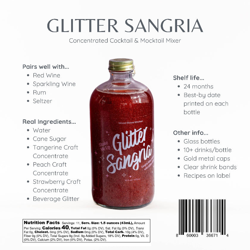 Glitter Sangria concentrate bottle with label on a white background