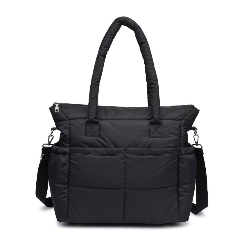 Black quilted handbag with multiple pockets on a white background