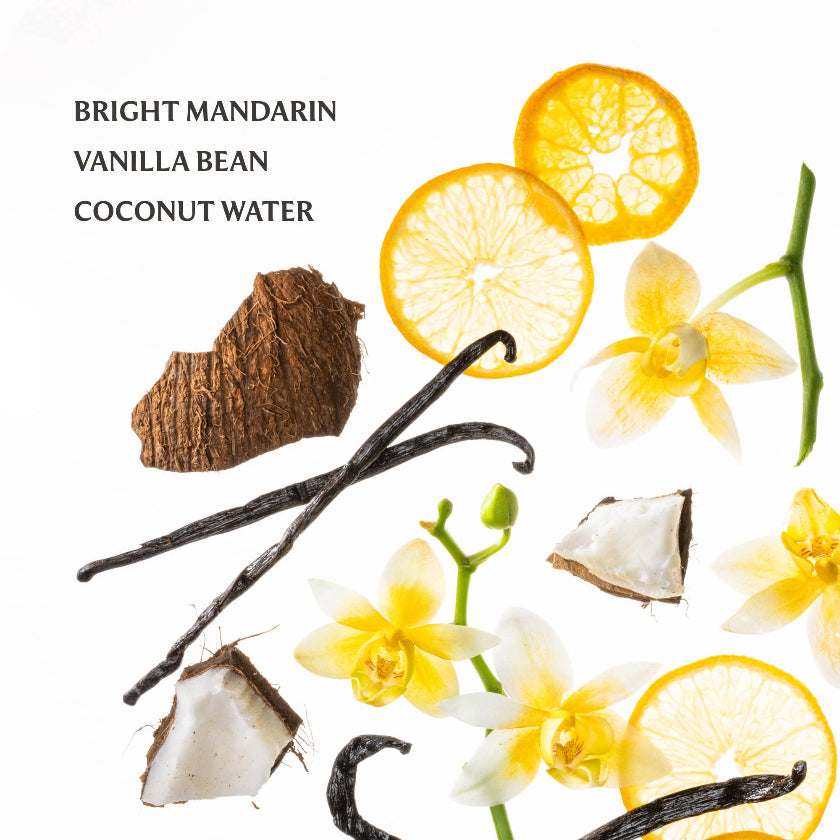 Ingredients for a bright mandarin vanilla bean coconut water drink on a white background