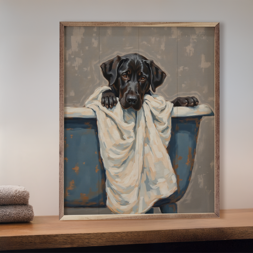 Framed painting of a black dog wrapped in a towel, sitting in a bathtub.