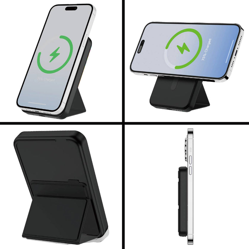 Black phone stand with wireless charging feature on a white background