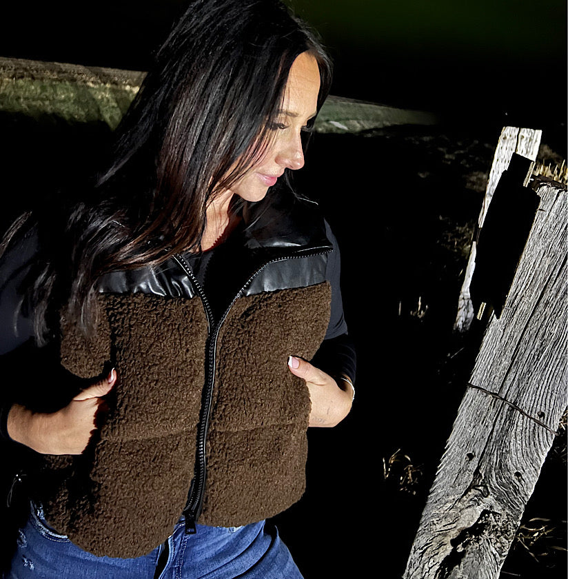 Brown Sherpa Pu Puffer Vest