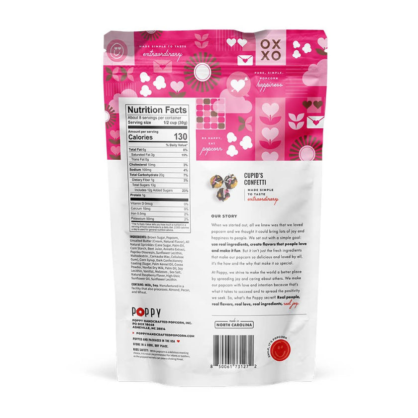Back of a pink and white snack package with nutritional information and branding.