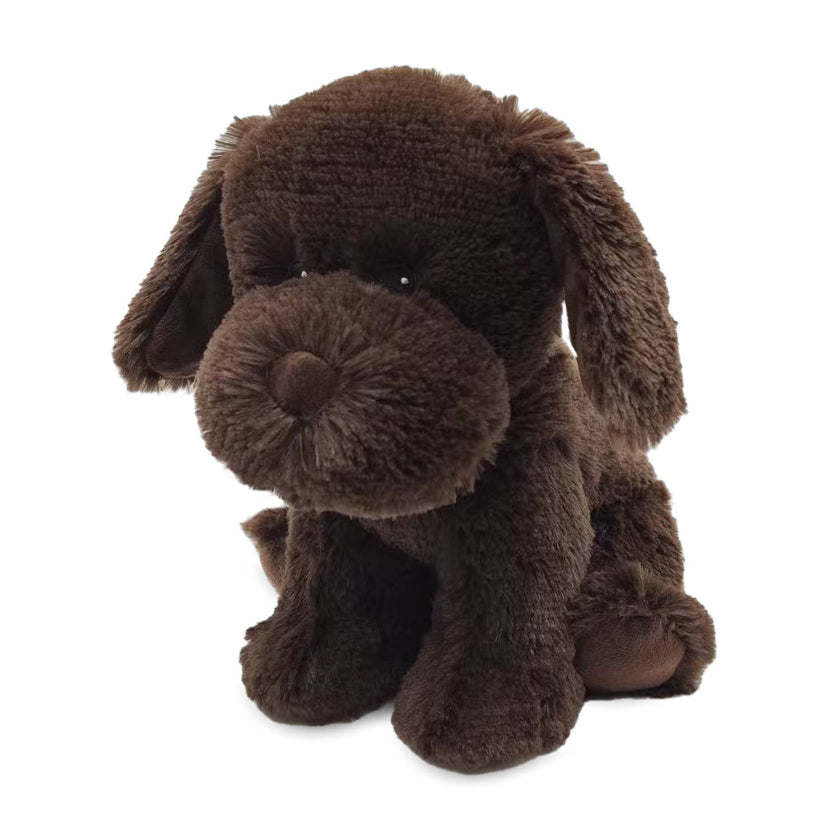 Brown plush dog toy on a white background