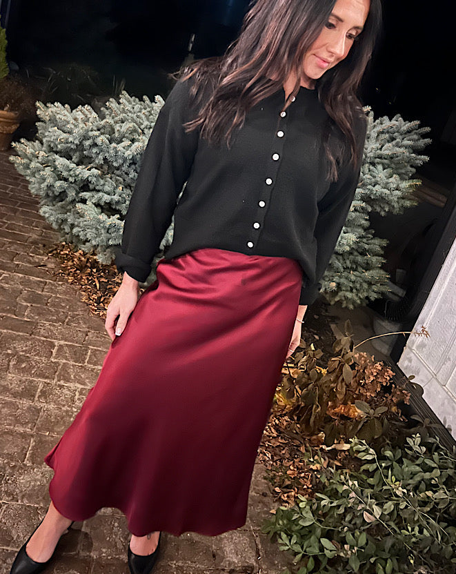 Burgundy Satin Midi Skirt