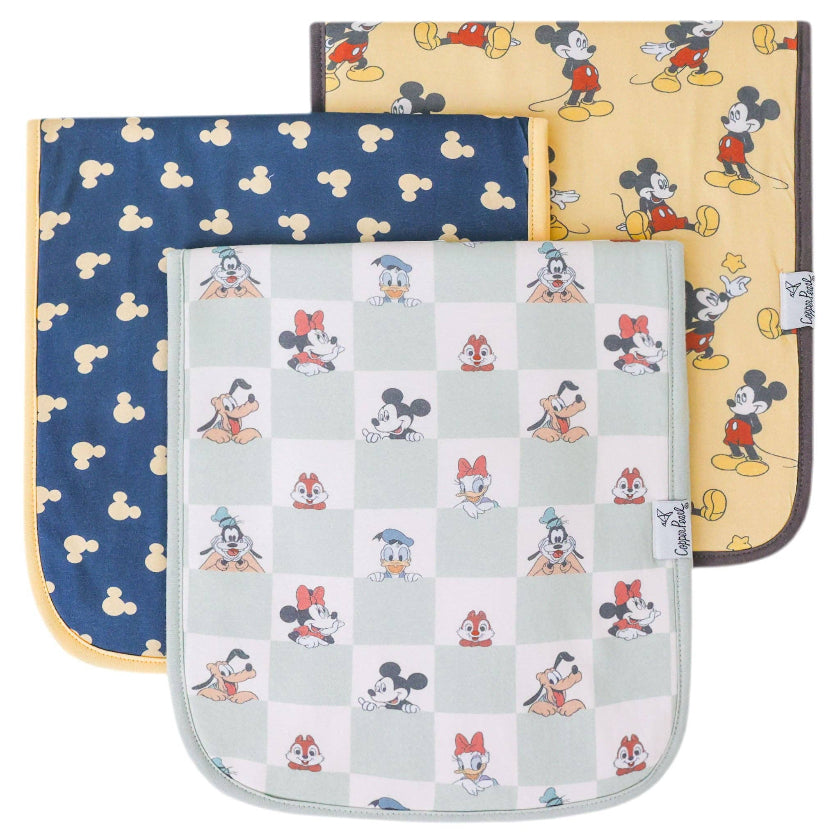 Three baby blankets with cartoon character patterns on a white background
