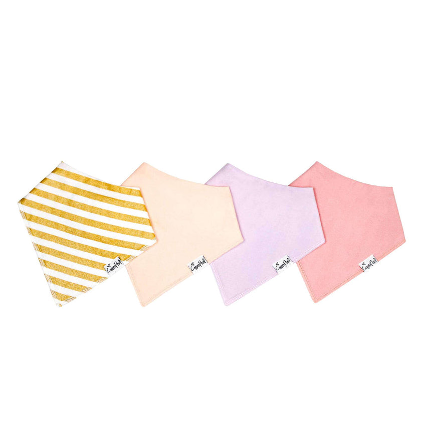 Four colorful bandana bibs on a white background