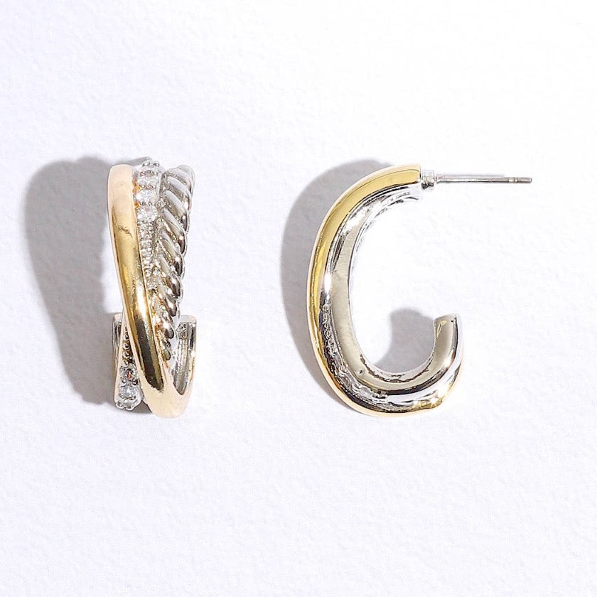 Crossed Solid Line Twisted Line CZ Post Earrings