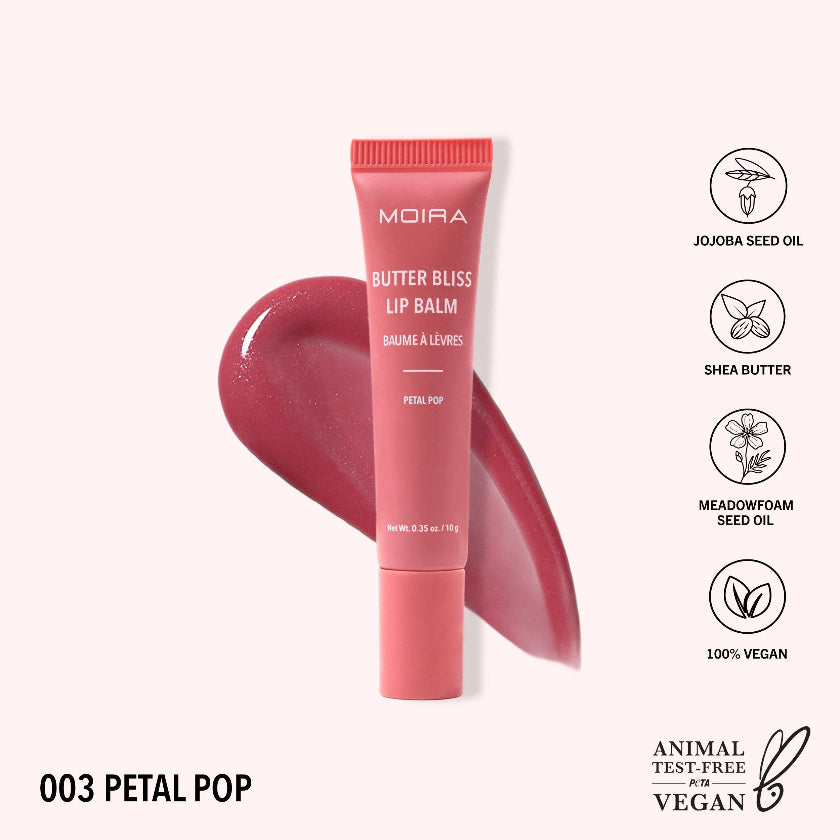 Moira Butter Bliss Lip Balm in Petal Pop with ingredients listed on a white background