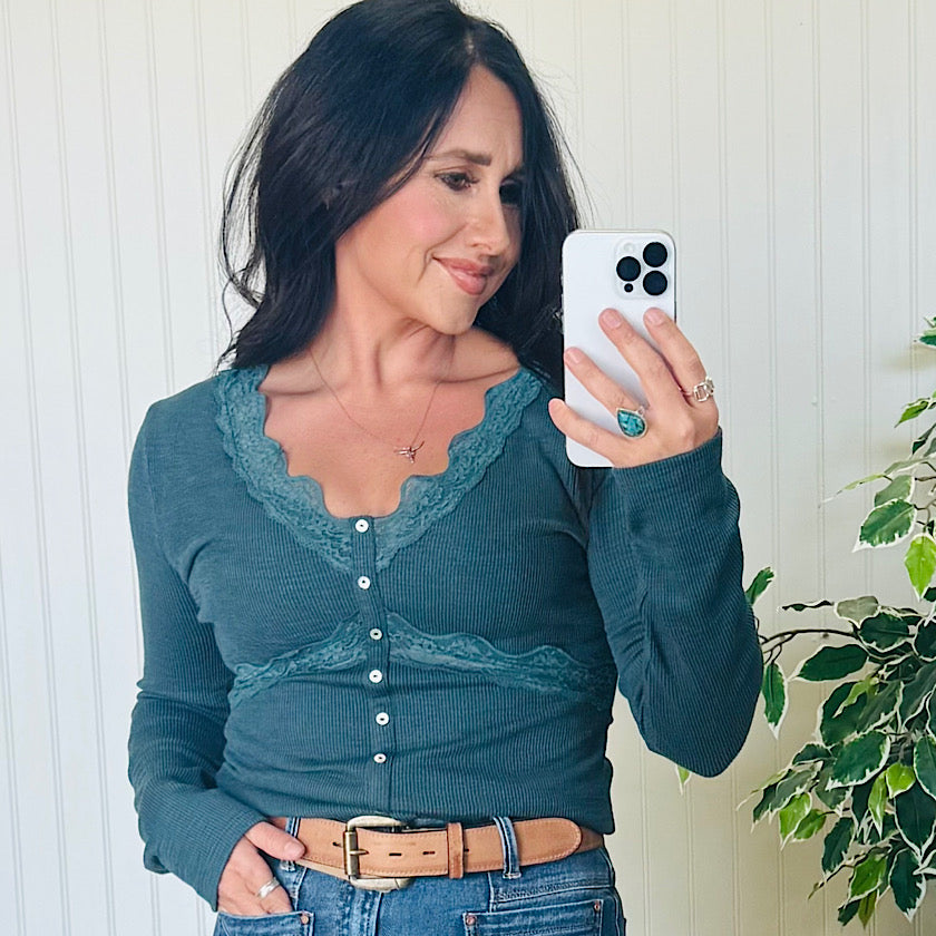 Forest Green Lace Trim Rib Top