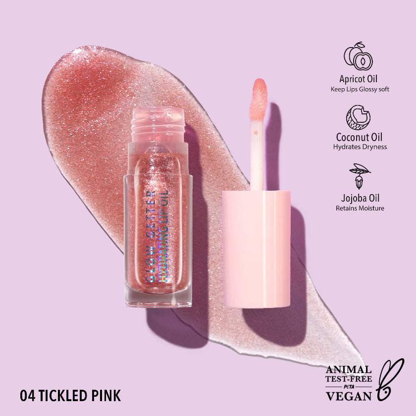 Lip gloss with applicator on a purple background, featuring ingredients and vegan certification.