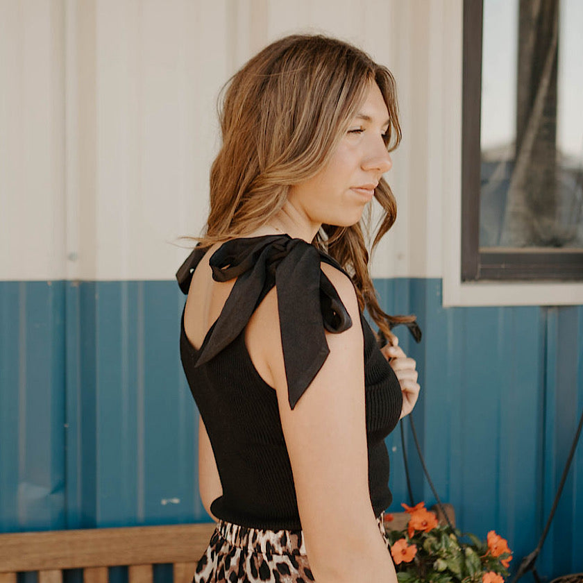 Black Satin Bow Tie Knit Tank