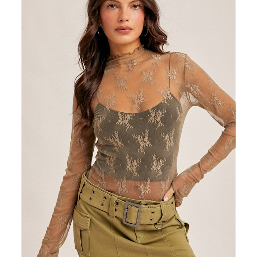 H&T Lace Top- Dusty Olive