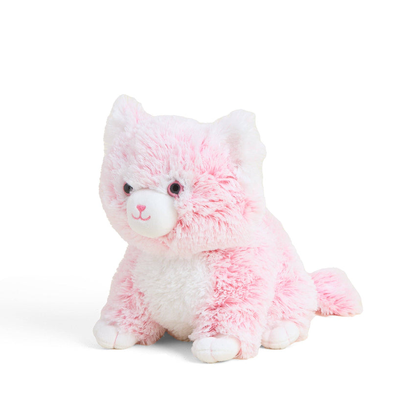 Pink and white plush cat toy on a white background
