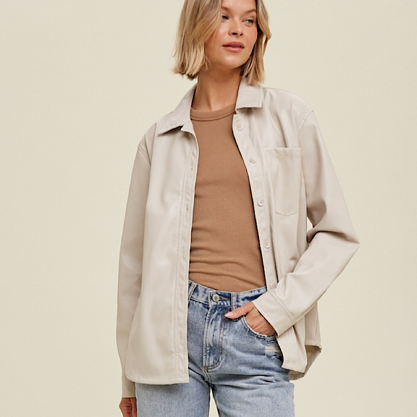 Ecru Faux Leather Shacket