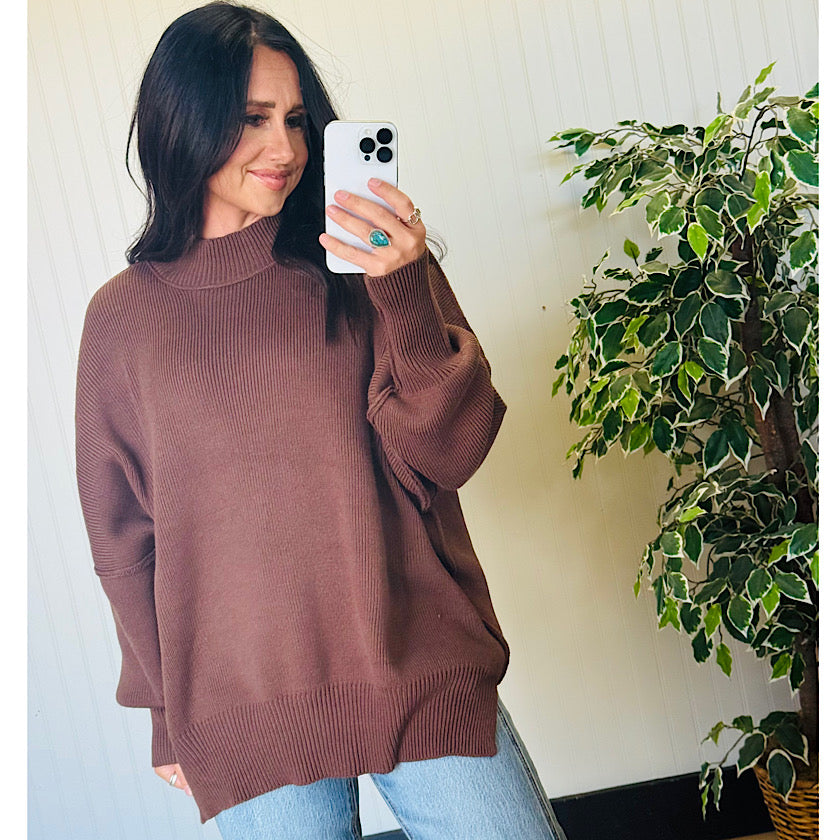 Brown Side Slit Oversized Sweater