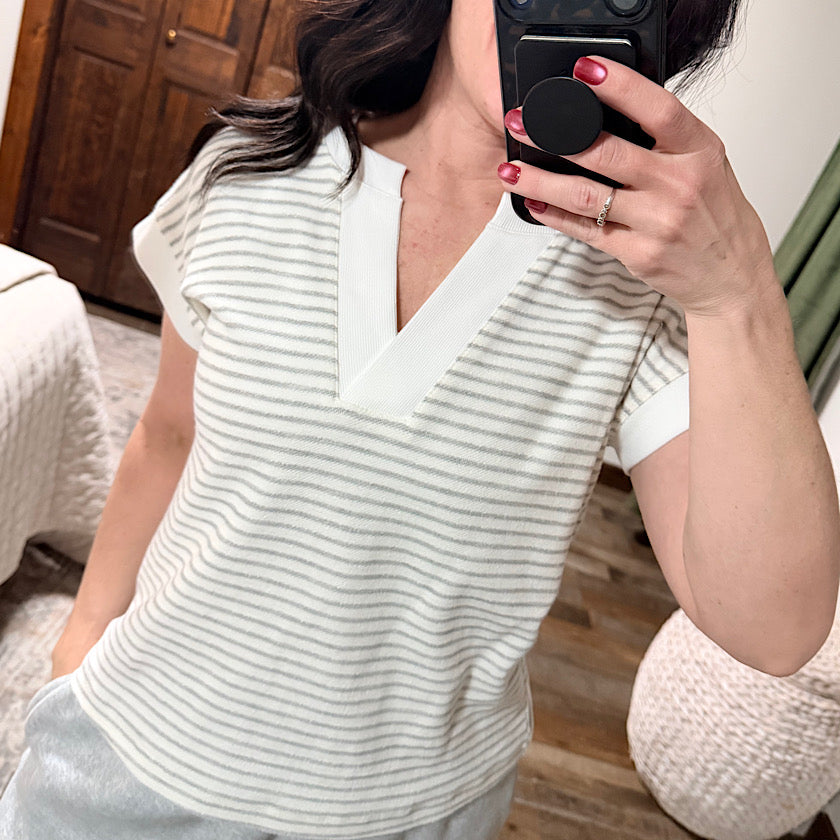 Ivory Stripe V Neck Top