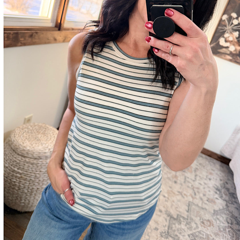 Euclid Tank-White Sky Blue  Stripe by Thread & Supply