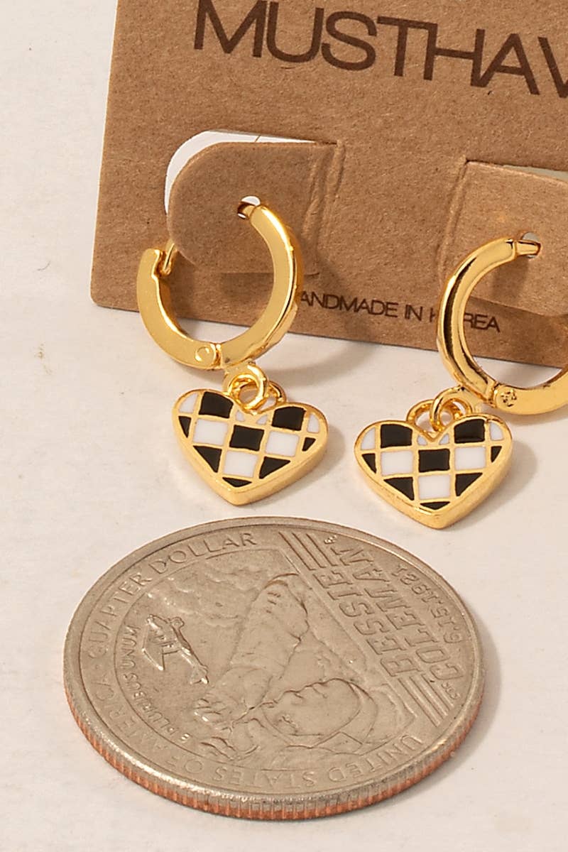 Epoxy Checkered Heart Charm Hoop Earrings