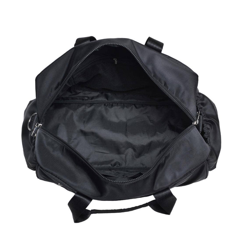 Black backpack with open front compartment on a white background