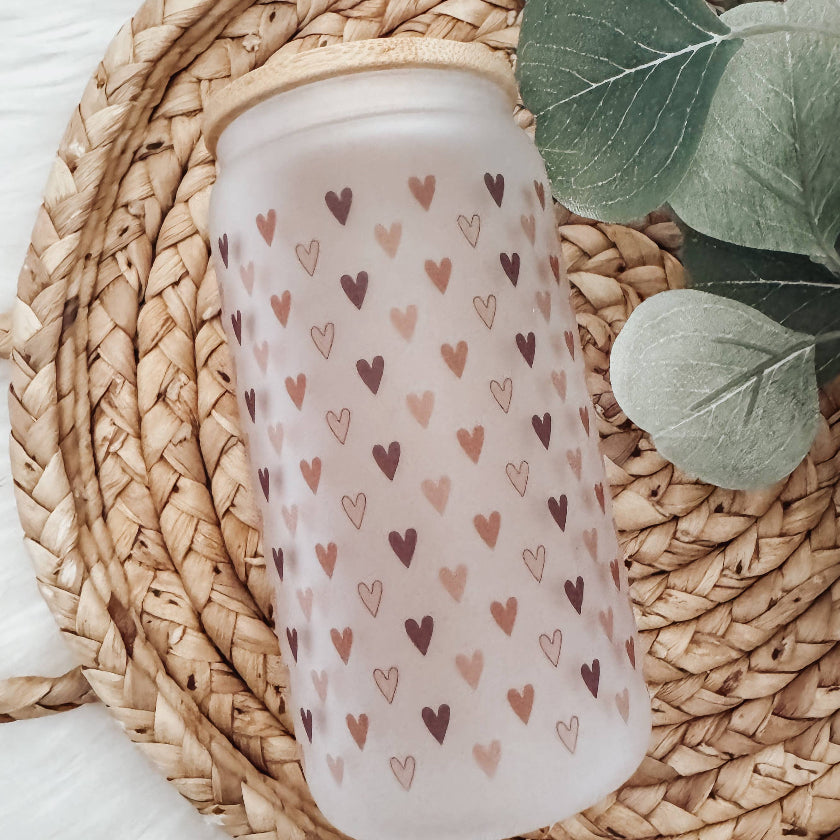 Mini Boho Hearts 16oz Glass Cup with Bamboo Lid