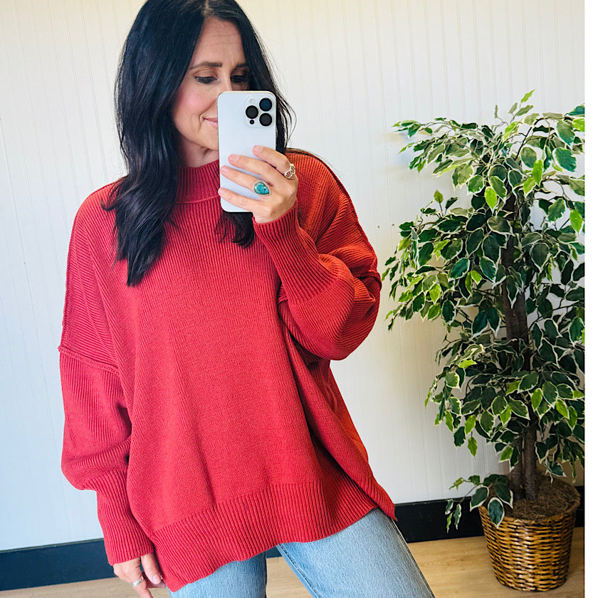 Rust Side Slit Oversized Sweater