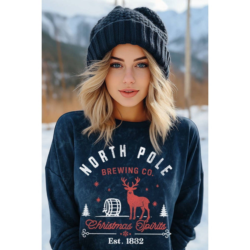Woman wearing a navy sweatshirt with 'North Pole Brewing Co' design in a snowy landscape