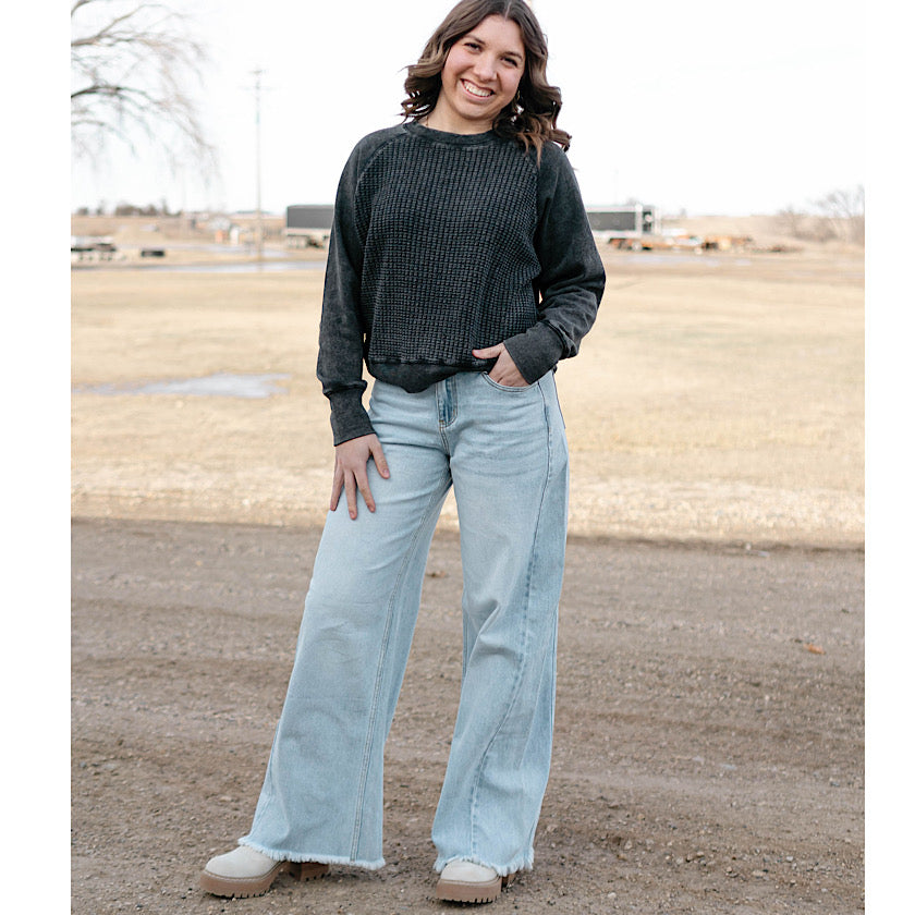 Cozy Waffle Knit Pullover in Black