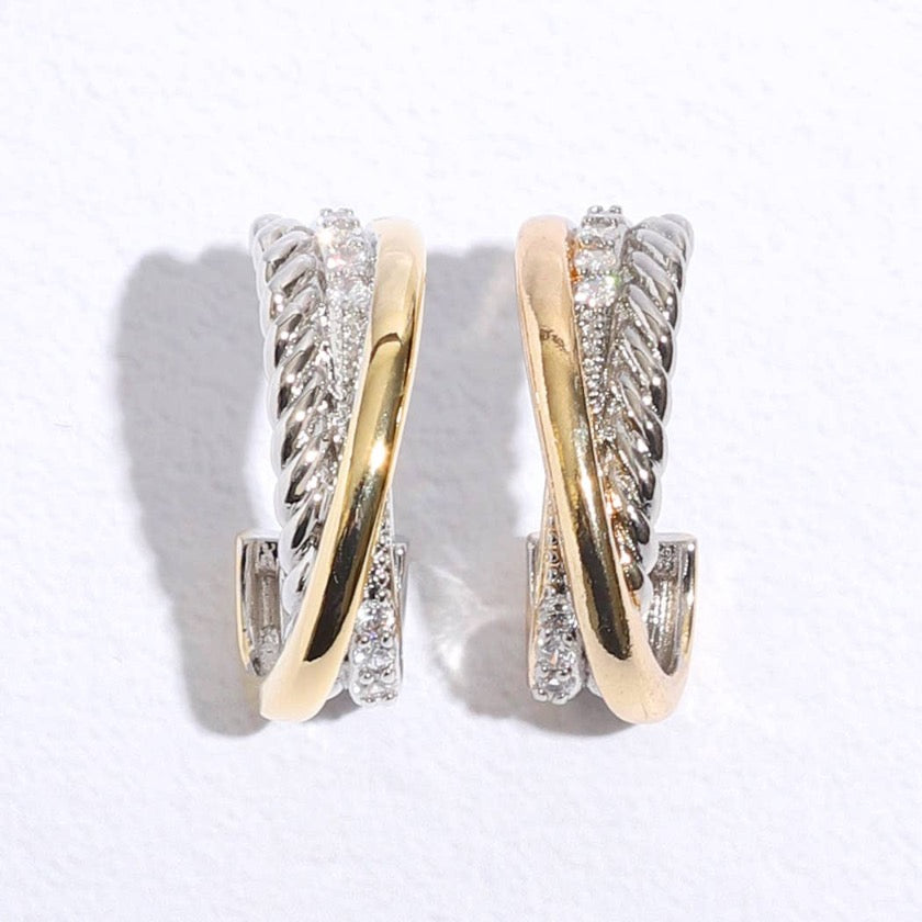 Crossed Solid Line Twisted Line CZ Post Earrings