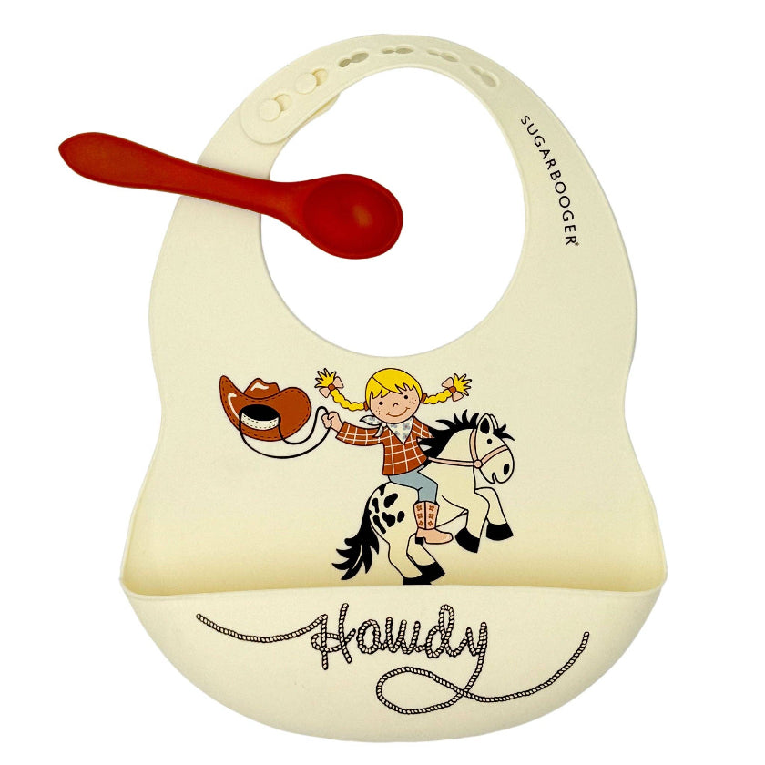 Fresh & Messy Silicone Bib & Spoon Set | Howdy Cowgirl | Sugarbooger by Ore’ Originals