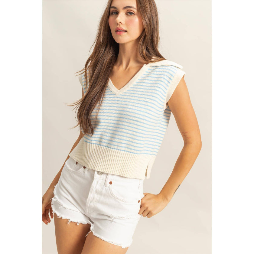 Blue Striped Knit Collared Sleeveless Top