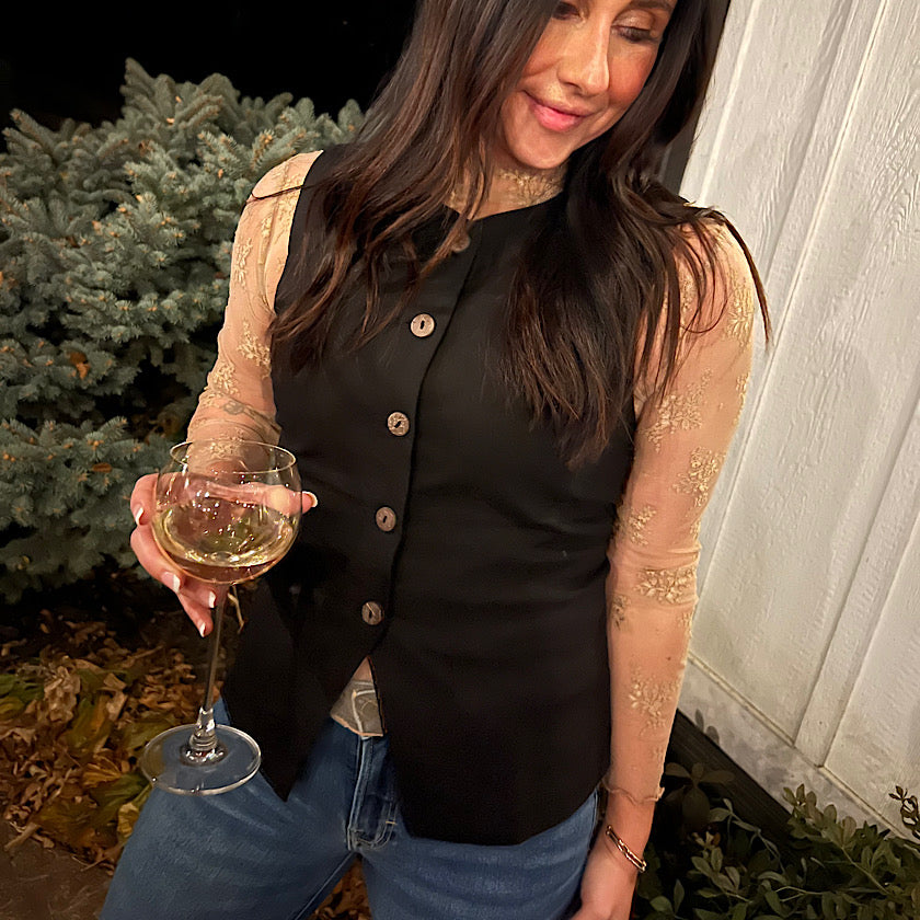 Mimosa - Button Down Sleeveless Round Neck Waistcoat Vest