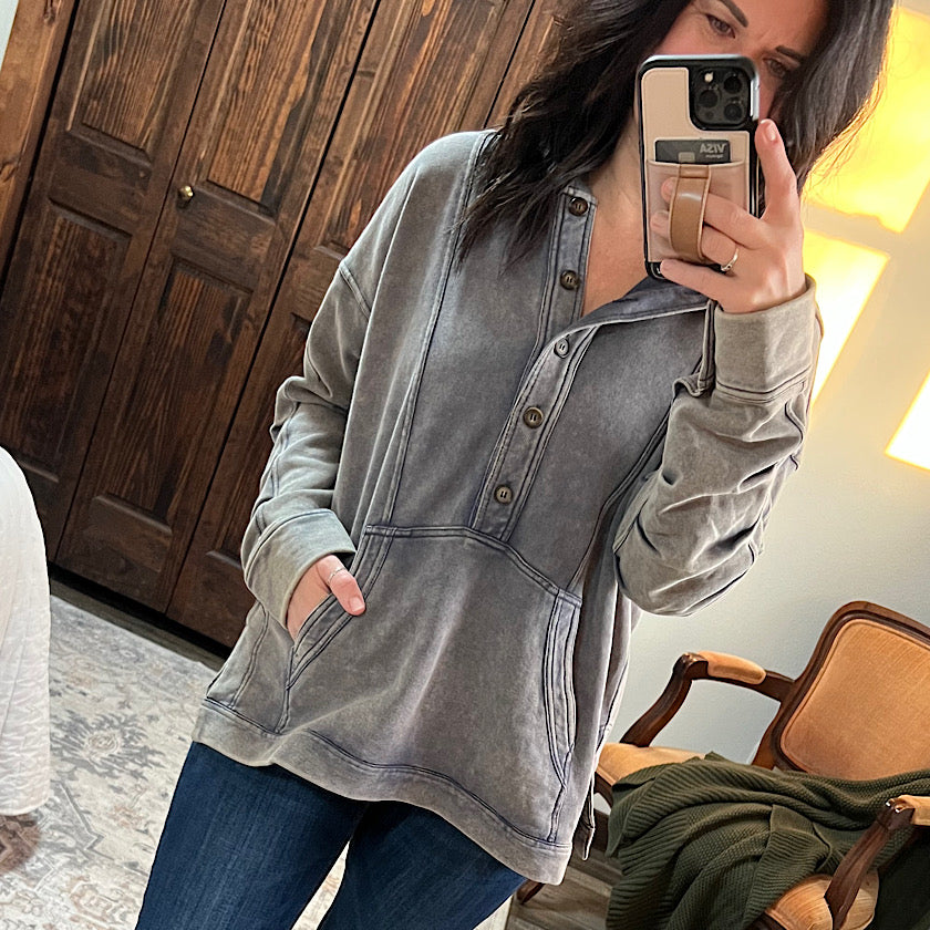 Washed Denim Hooded Tunic Top