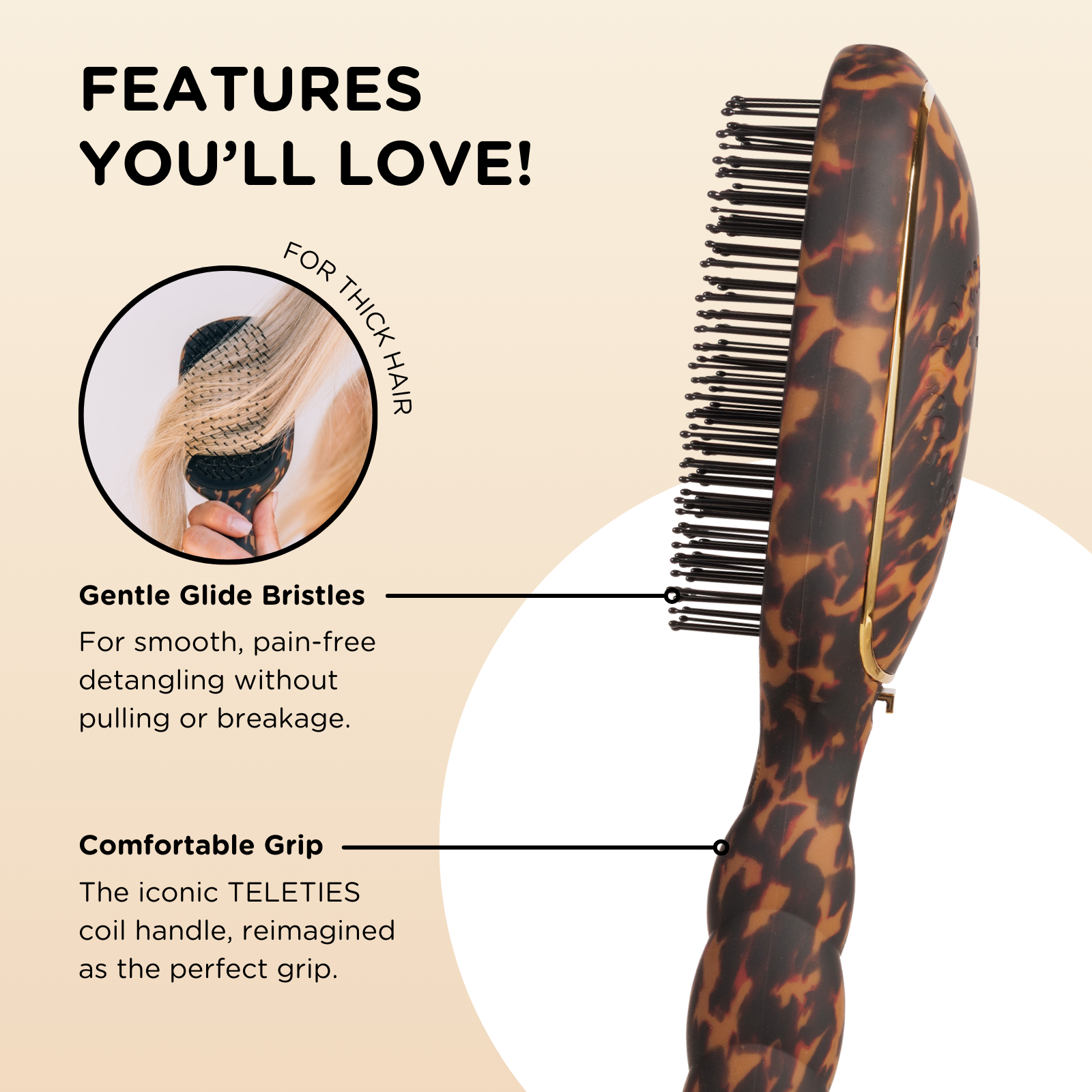 TELETIES - Detangler Hair Brush for Thick Hair - Tortoise