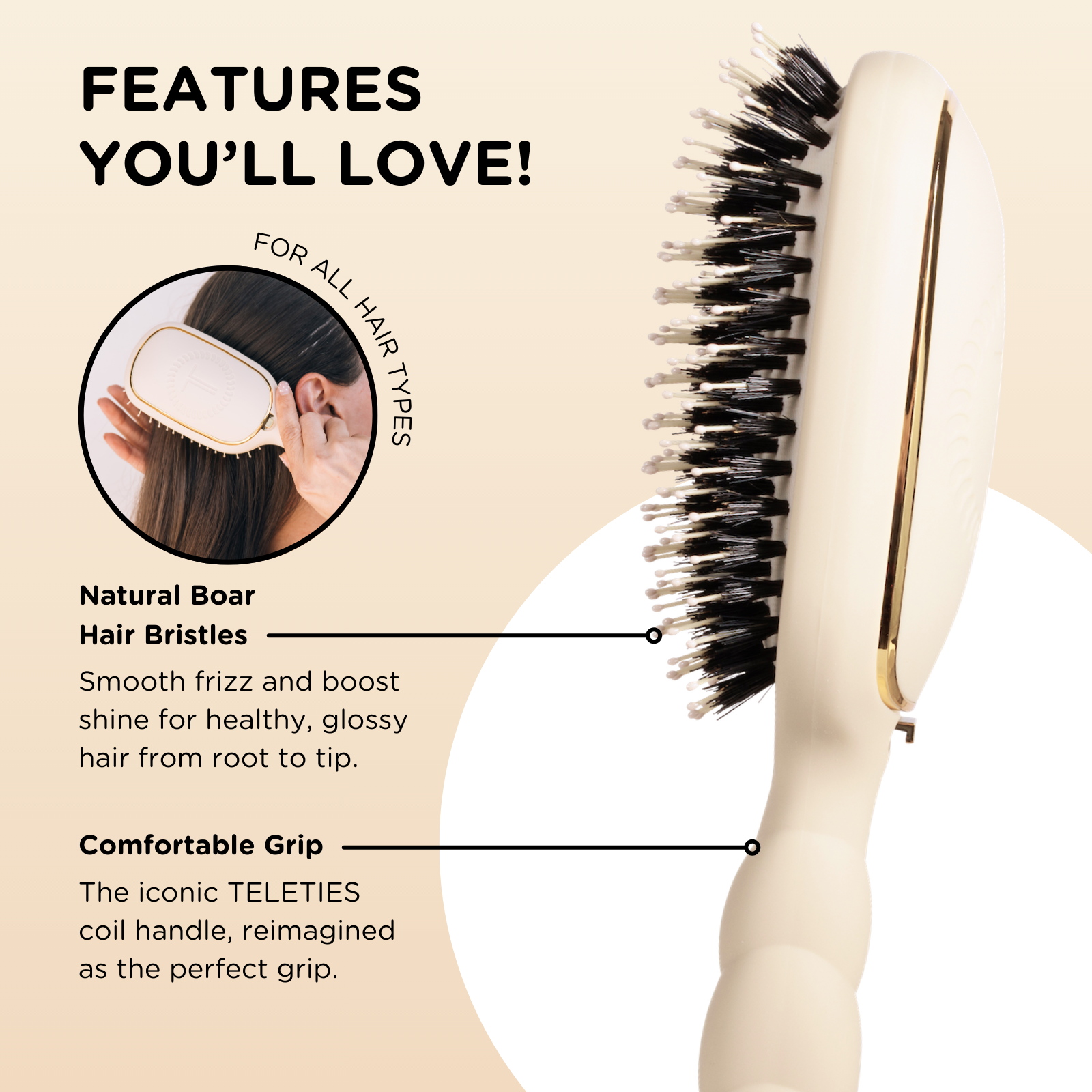 TELETIES - Boar Bristle Hair Brush | Tan