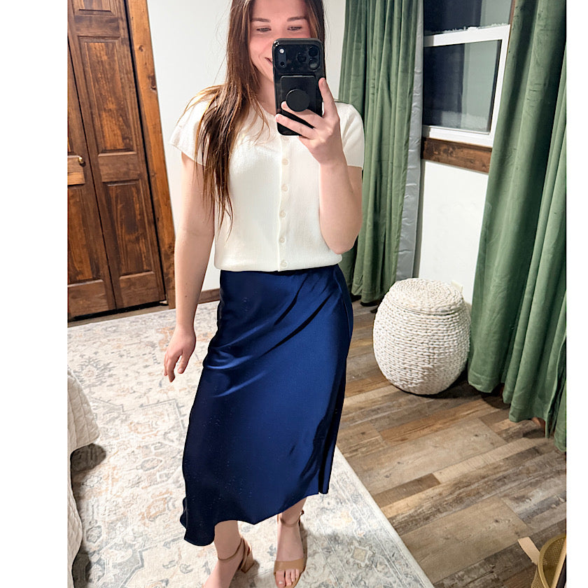 Navy Satin Midi Skirt
